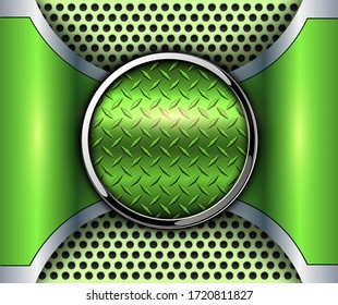 Metallic background 3D with shiny button and diamond plate metal texture, vector design.