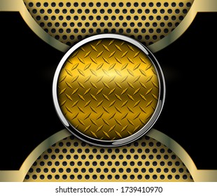 Metallic background 3D with shiny button and diamond plate metal texture, vector design.