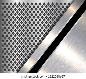 Metallic background 3D silver black, polished steel texture over perforated background, vector design.