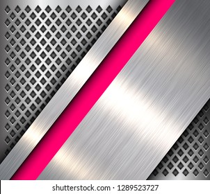Metallic background 3D silver pink, polished steel texture over perforated background, vector design.