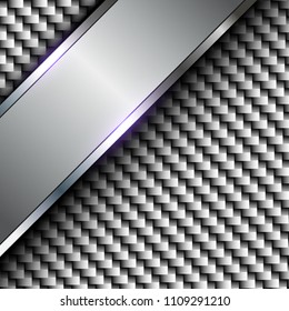 Metallic background banner over perforated silver pattern, vector metal shiny background