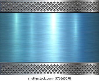 Metallic Background, Blue Metal Perforated Texture, Vector Polished Metal