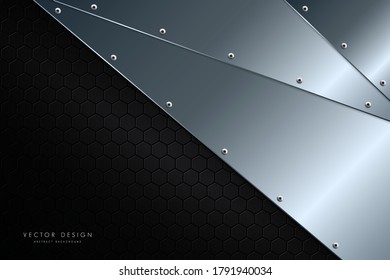 Metallic background. Blue and silver with carbon fiber. Polygon shape metal technology concept.