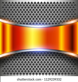 Metallic background orange banner over perforated silver pattern, vector metal shiny background