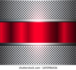 Metallic background with perforated holes pattern silver red, vector illustration.