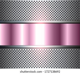 Metallic background with perforated holes pattern silver pink, vector illustration.