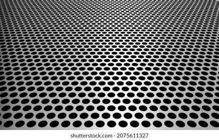 Metallic background with perforation of round holes. Perforated metal sheet. Technology background with seamless circle perforated metal (chrome, iron, stainless steel, silver) grill texture. Vector