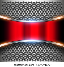 Metallic background red banner over perforated silver pattern, vector metal shiny background