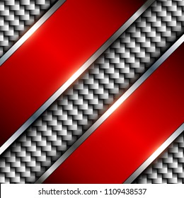 Metallic background red banner over perforated silver pattern, vector metal shiny background