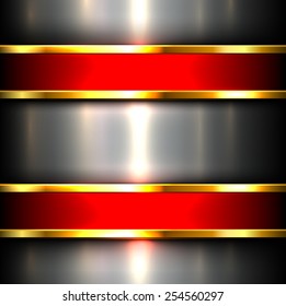 Metallic background with red glossy banners, vector illustration.