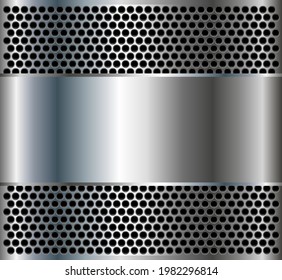 Metallic background with silver banner and punched holes pattern, technological metal design, 3D vector iilustration.