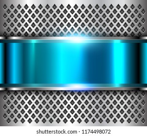 Metallic background silver blue, polished steel texture, shiny vector design.