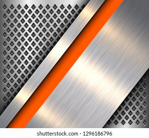 Anaranjado plateado de fondo metálico, textura de acero pulido sobre fondo perforado, diseño vectorial.