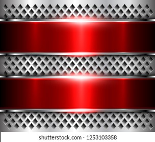 Metallhintergrund, silberne rote Banner, polierte Stahlstruktur auf Löchermuster, Vektordesign.
