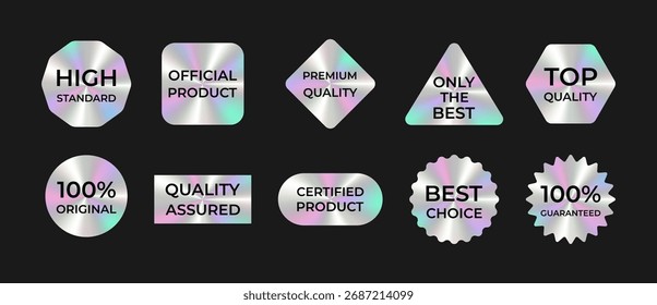 Metallic badges collection. Modern gradient labels, emblems for branding and marketing. Holographic stickers. 