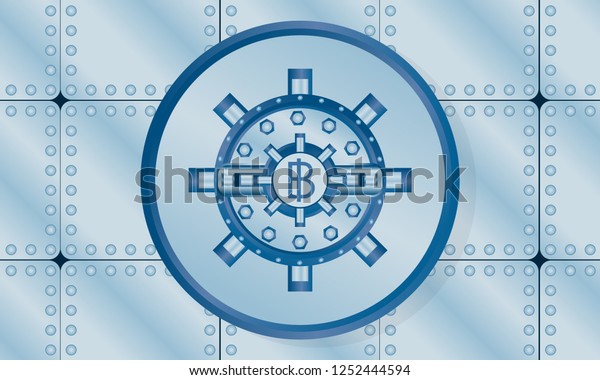 青の壁の背景に金属製の土手の金庫扉 金庫扉フラットスタイルのビジネスコンセプト お金と金融のビットコインを節約するか クラッシュ暗号通貨ブロックチェーンのコンセプトを構築します ベクター画像 イラスト のベクター画像素材 ロイヤリティフリー