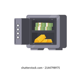 Metallic banking safe open door cash money dollar package and golden bar on shelves isometric icon vector illustration. Bank financial currency treasure secure protection. Savings, investment, budget