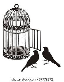 Metallic bird cage with open door and two bird silhouettes.