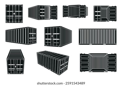 Metallic black cargo container front side and perspective view set isometric vector illustration. Freight commercial delivery large open and closed package steel transportation vessel
