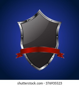 Metallic black shield with red ribbon on blue background