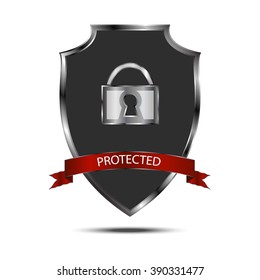 Metallic black silver shield with lock icon isolated on white background