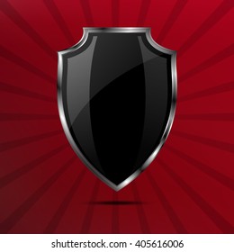 Metallic black silver shield on red comic background with rays