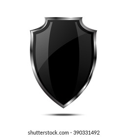 Metallic Black Silver Shield. Vector Icon Isolated On White Background