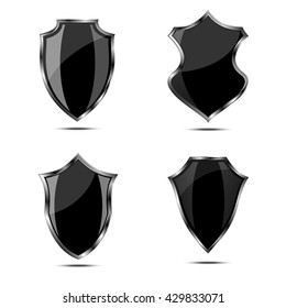 Metallic black silver shield. Vector icon isolated on white background