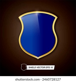 Metallic blue golden shield. Vector icon isolated on black background