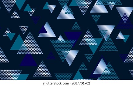 Metallic and blue pyramid triangle shapes geometric vector background holiday design. Premium triangles seamless pattern, fashionable fabric textile print or New Year wrapping paper.