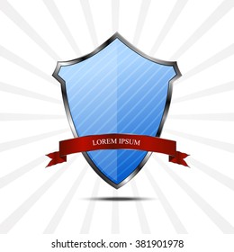 Metallic blue silver shield on grey background