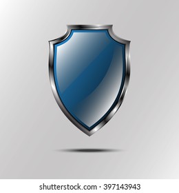 Metallic blue silver shield. Vector icon isolated on grey background