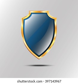 Metallic blue silver shield. Vector icon isolated on grey background