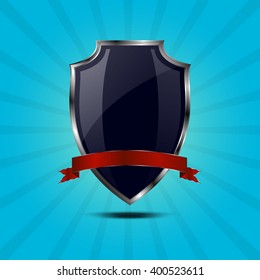 Metallic blue silver shield. Vector icon on blue background with rays