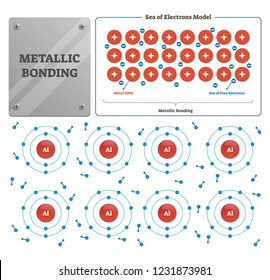 Metallic bonding vector illustration. Labeled metal and free electron sea. Process diagram that rises from electrostatic attractive force between conduction electrons and positively charged metal ions