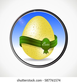 Metallic; Border with Easter Egg with Banner and Text Over Blue Sky