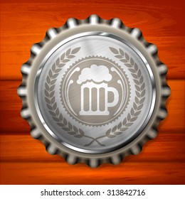 Metallic bottle cap with beer mug & wreath on wooden, vector illustration