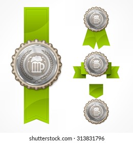 Metallic bottle caps with beer mug & ribbon on white, vector illustration