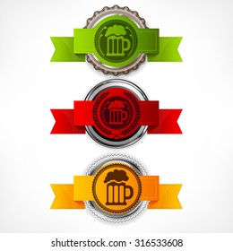 Metallic bottle caps with beer mug & ribbon on white, vector illustration