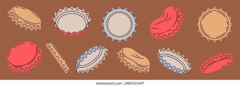 Metallic bottle caps. Beer, soda or lemonade glassware bottle cap, metallic lid for glass container with refreshing beverages flat vector illustration set. Hand drawn metal caps