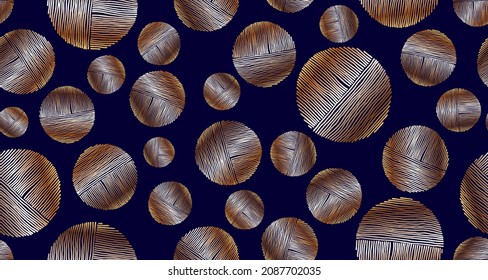 Metallic bronze circles of lines on dark blue background seamless pattern design. Abstract background with metallic gradient polka dots mix in stripes. Rich fashionable pattern for textile print