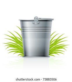 metallic bucket in grass vector illustration isolated on white background