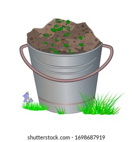 Metallic bucket with ground or fertilizers isolated on white background. Bucket with earth and compost in grass for planting. Zero waste theme. Hill of brown substrate. Eco farming. Stock vector