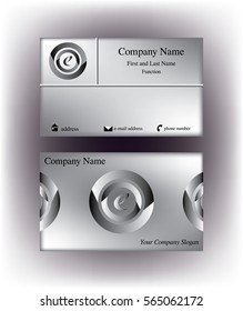 Metallic business cards with abstract e letter logo inside two circular frames