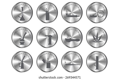 metallic button and cannabis equipment icon