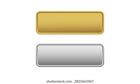 Metallic button collection featuring gold and silver rectangular panels, rounded corners, beveled borders, smooth gradients, glossy highlights, subtle shadows, and blank central space. Elegant isolated elements suggest premium interface controls, luxury labels, navigation tabs, web icons, application menus, product badges, award plates, technology graphics, business templates, decorative frames, polished signage, modern dashboards, gaming assets, commercial branding, editable text areas, and sophisticated digital design.