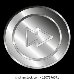 A metallic button with the double arrow inside: symbol of fast forward action, isolated on black background - Vector