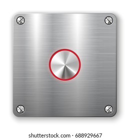Metallic button on square plate isolated on white background. Vector illustration