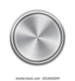 Metallic button. Round iron Icon. Chrome medal. Circular disk with metal texture. Vector illustration.