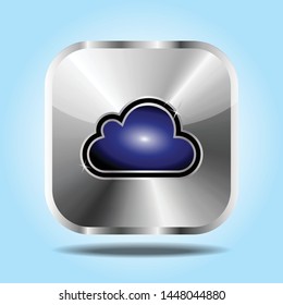Metallic buttons with cloud icon, on metal silver plate, on blue background, with transparent glow effect, reflection and shadow. vector design.